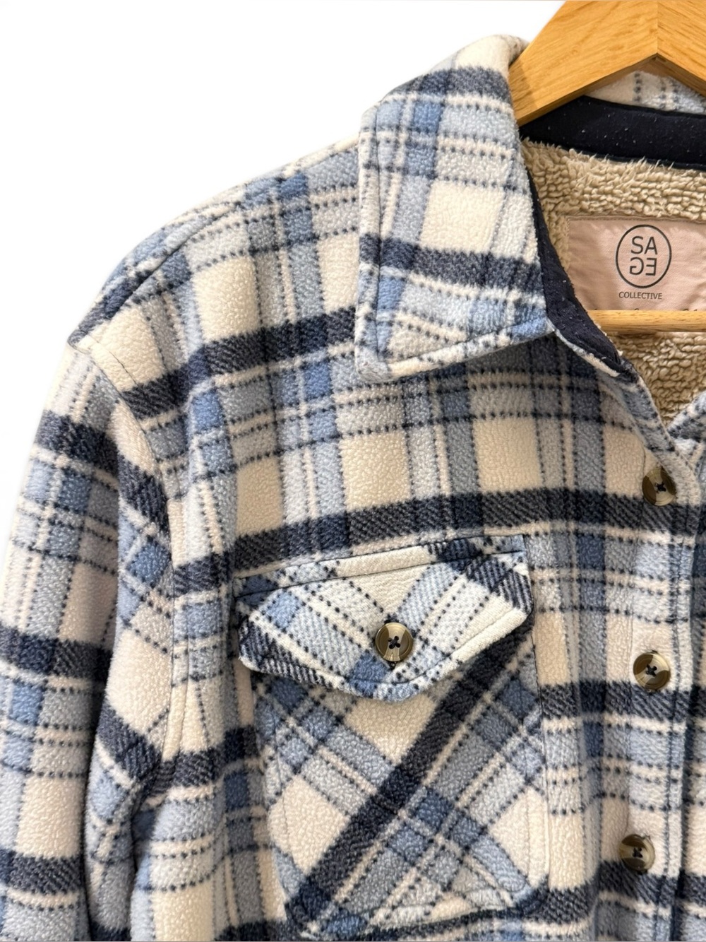 Sage Collective Blue Plaid Sherpa Lined Shacket Jacket L - Picture 4 of 11